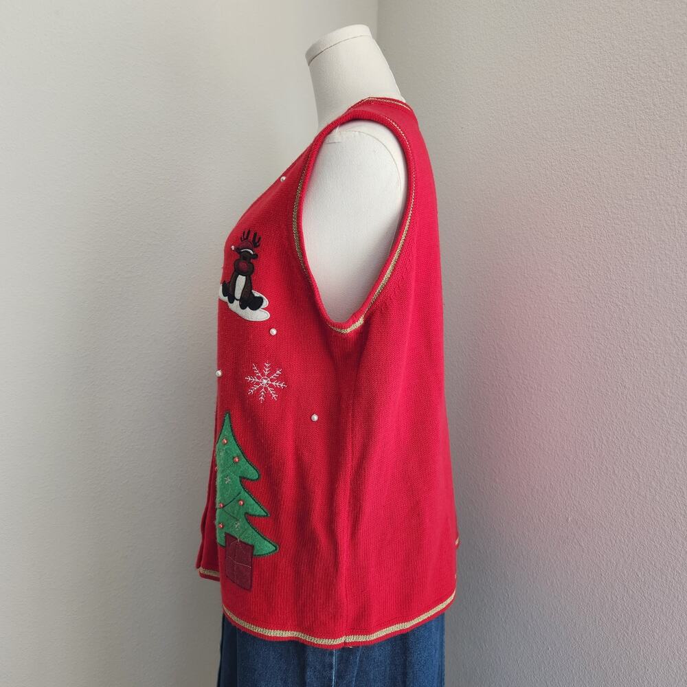 Vintage Y2K White Stag Red Knit Ugly Christmas Sweater Vest Holiday Theme L - Picture 4 of 7